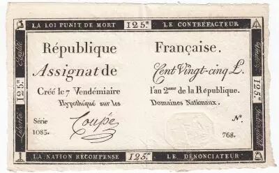 France 125 Livres - 7 Vend�miaire An II - 1793 - Sign. Coup� - SUP
