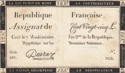 France 125 Livres - 7 Vend�miaire An II - 1793 - Sign. Deuraz - Serial 611