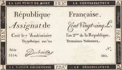 France 125 Livres - 7 Vend�miaire An II - 1793 - Sign. Duboille - S�rie 2554