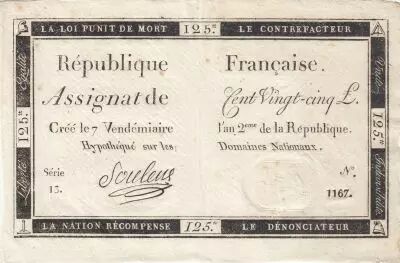 France 125 Livres - 7 Vend�miaire An II - 1793 - Sign. Souleux - Serial 13
