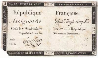 France 125 Livres - 7 Vend�miaire An II - 1793 - Sign. Souleux - VG to F