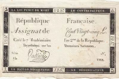 France 125 Livres - 7 Vend�miaire An II - 1793 - Sign. Valli�re - S�rie 13