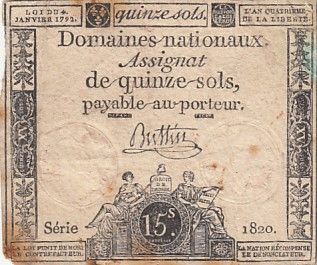 France 15 sols - Libert et Droit (04-01-1792) - Sign. Buttin - Srie 1820