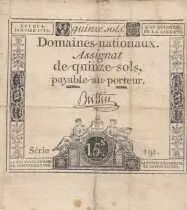 France 15 sols - Libert&eacute; et Droit (04-01-1792) - Sign. Buttin - S&eacute;rie 191