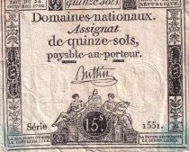 France 15 Sols - Liberty and Justice - 24-10-1792 - Sign. Buttin - Serial 1551 - P. A.54