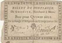 France 15 sols - Oise - Confident banknote of an attic, merchant in M&eacute;ru - R5 on Kolsky (rare)