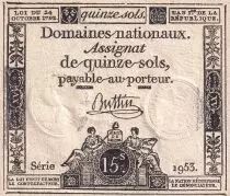 France 15 sols Libert&eacute; et Droit (24-10-1792) - Sign. Buttin - S&eacute;rie 1953