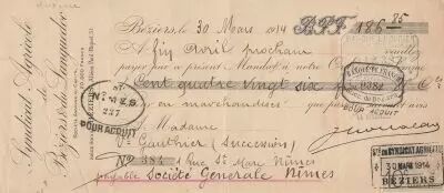 France 186.85 francs - Bank cheque receipt - Syndicat agricole de B�ziers et du Languedoc - 1914
