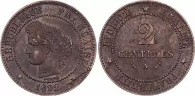 France 2 Centimes C�r�s - Troisi�me R�publique - 1892 A Paris faut�e