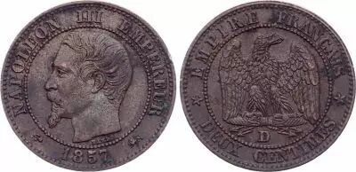 France 2 Centimes Napol�on III - T�te nue - 1857 D Lyon