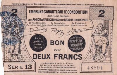 France 2-franc emergency note - May 1916 - Valenciennes - Series 13