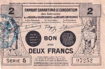 France 2-franc emergency note - May 1916 - Valenciennes - Series 5