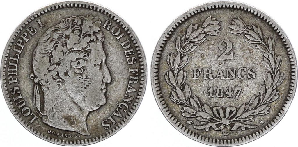 Coin France 2 Francs Louis-Philippe 1847 A Paris Silver