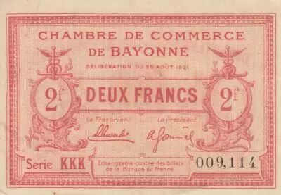 France 2 Francs - Bayonne Chamber of Commerce - 26-08-1921 - Seriel KKK