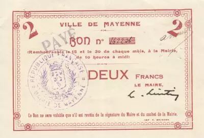 France 2 Francs - Bon de la ville Mayenne - 1914-1918