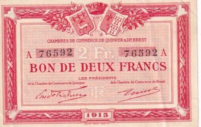 France 2 Francs - Chamber of Commerce - Quimper and Brest - 1915 - Serial A