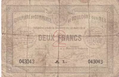 France 2 Francs - Chambre de commerce - Boulogne sur Mer - 14-08- 1914