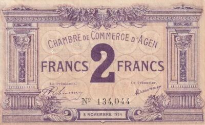France 2 Francs - Chambre de Commerce d\'Agen - 05-11-1914 - N�134,044