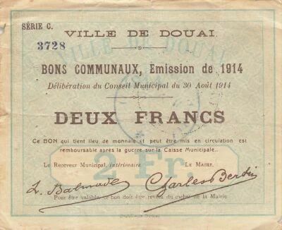 France 2 Francs - City of Douai - 30-08-1914 - Serial C