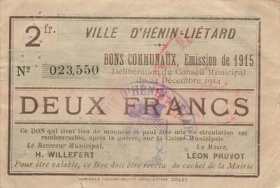 France 2 Francs - City of H�nin-Li�tard - 1915