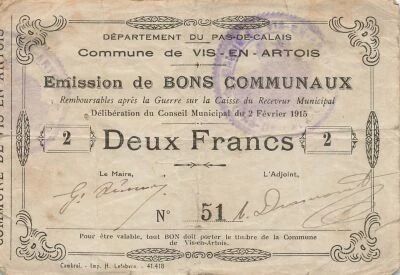 France 2 Francs - City of Vis-en-Artois - 02-02-1915