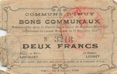 France 2 Francs - Commune d\'Iwuy - 19-11-1914