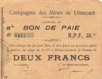 France 2 Francs - Drocourt Mines - Salary voucher