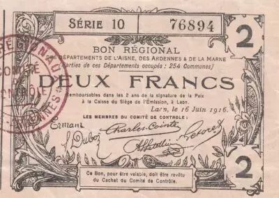 France 2 Francs - Laon - Regional Coupon - 16-06-1916 - Serial 10