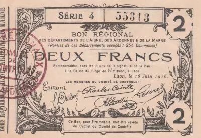 France 2 Francs - Laon - Regional Coupon - 16-06-1916 - Serial 4