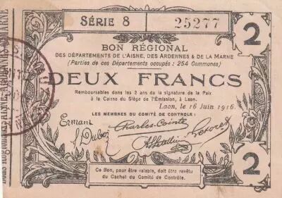 France 2 Francs - Laon - Regional Coupon - 16-06-1916 - Serial 8