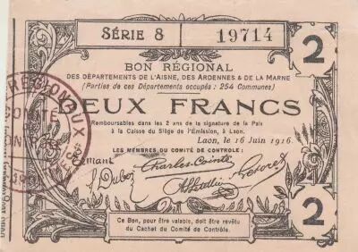 France 2 Francs - Laon - Regional Coupon - 16-06-1916 - Serial 8