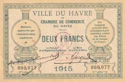France 2 Francs - Le Havre Chamber of Commerce- 1915 - Number 000 077