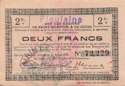 France 2 Francs - Saint-Quentin and Guise Regions - Fieulaine - 08-08-1916