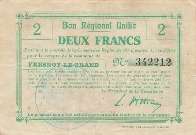 France 2 Francs - Unified Regional Bill - City of Fresnoy-le-Grand