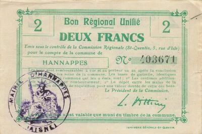 France 2 Francs - Unified Regional Bill - City of Hannappes