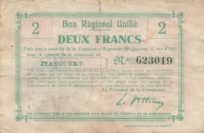 France 2 Francs - Unified Regional Bill - City of Itancourt