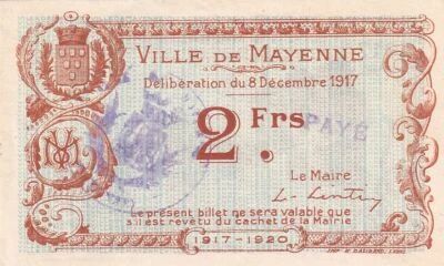France 2 Francs - Ville -  Mayenne - 08-12-1917