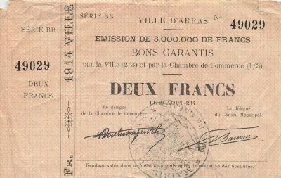 France 2 Francs - Ville d\'Arras - 29-08-1914 - S�rie BB