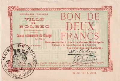 France 2 Francs - Ville de Bolbec - Caisse Communale de Change - 4-08-1914