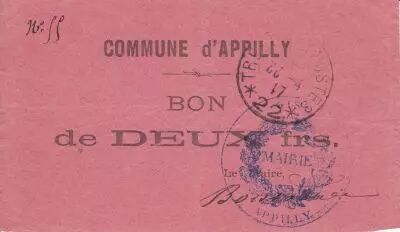 France 2 Francs Appilly Inscription Manuscrite