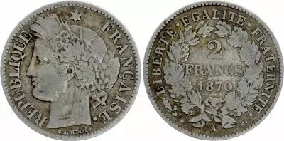 France 2 Francs Ceres - 1870 Large A Paris - Fine to VF - Silver - KM.817