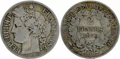 France 2 Francs Ceres - 1870 Large A Paris - Fine to VF - Silver - KM.817