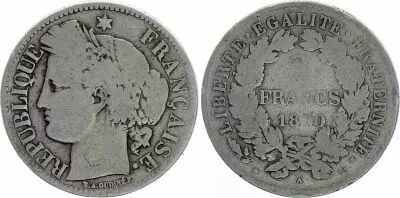 France 2 Francs Ceres - 1870 small A Paris - aFine - Silver - KM.817