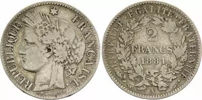 France 2 Francs Ceres - 1881 A Paris Silver