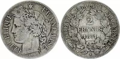 France 2 Francs Ceres 1871 K Bordeaux - within wreath - F to VF - Silver  KM.817