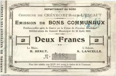 France 2 Francs Crevecoeur-Sur-L�escaut City - 1915