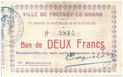 France 2 Francs Fresnoy-Le-Grand City - 1915
