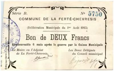 France 2 Francs La Ferte-Chevresis City - 1915