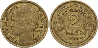 France 2 Francs Laureate head - 1935