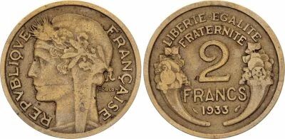 France 2 Francs Laureate head -1933